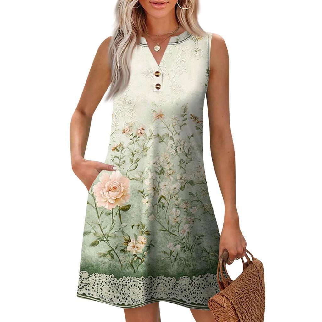 Women's Fashion Casual Printed V-Neck Button With Pocket Vest Sleeveless Dresses