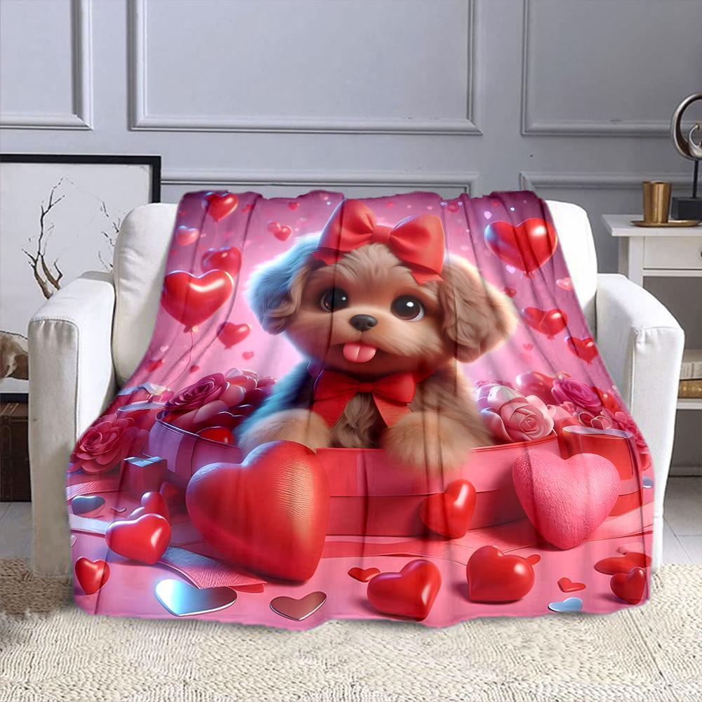 "Adorable Puppy with Red Bow and Hearts" Patterned flannel blanket perfect for the bedroom living room, sofa, or a little nap