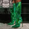 Модные Liyke Сексуальные Подиумные Зеркальные Лакированные Женские Сапоги до Колена Осенне-Зимняя Обувь Острый Носок Молния Шпилька Длинные Botas Mujer