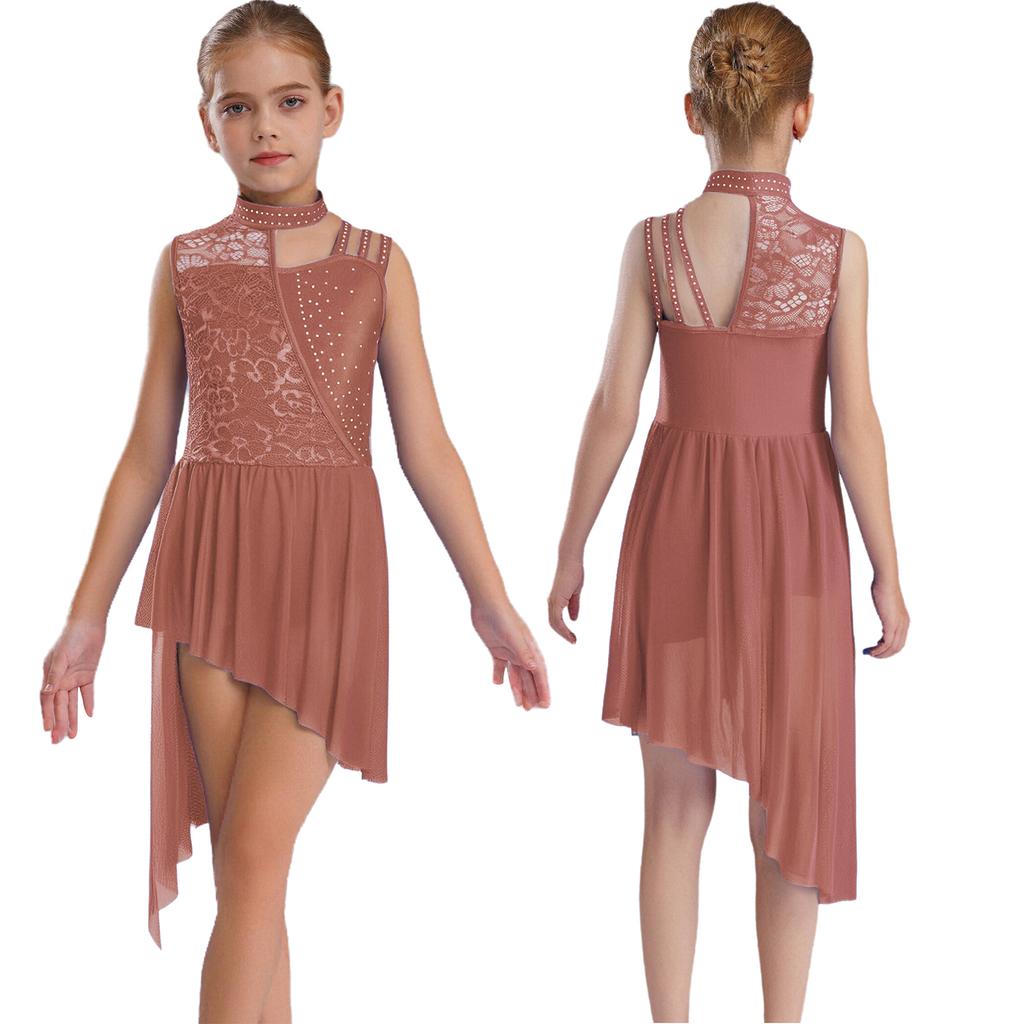 Платье-купальник без рукавов с воротником-стойкой – Асимметричное плечо, Цветочное кружево со стразами, Неровный подол для лирического танца