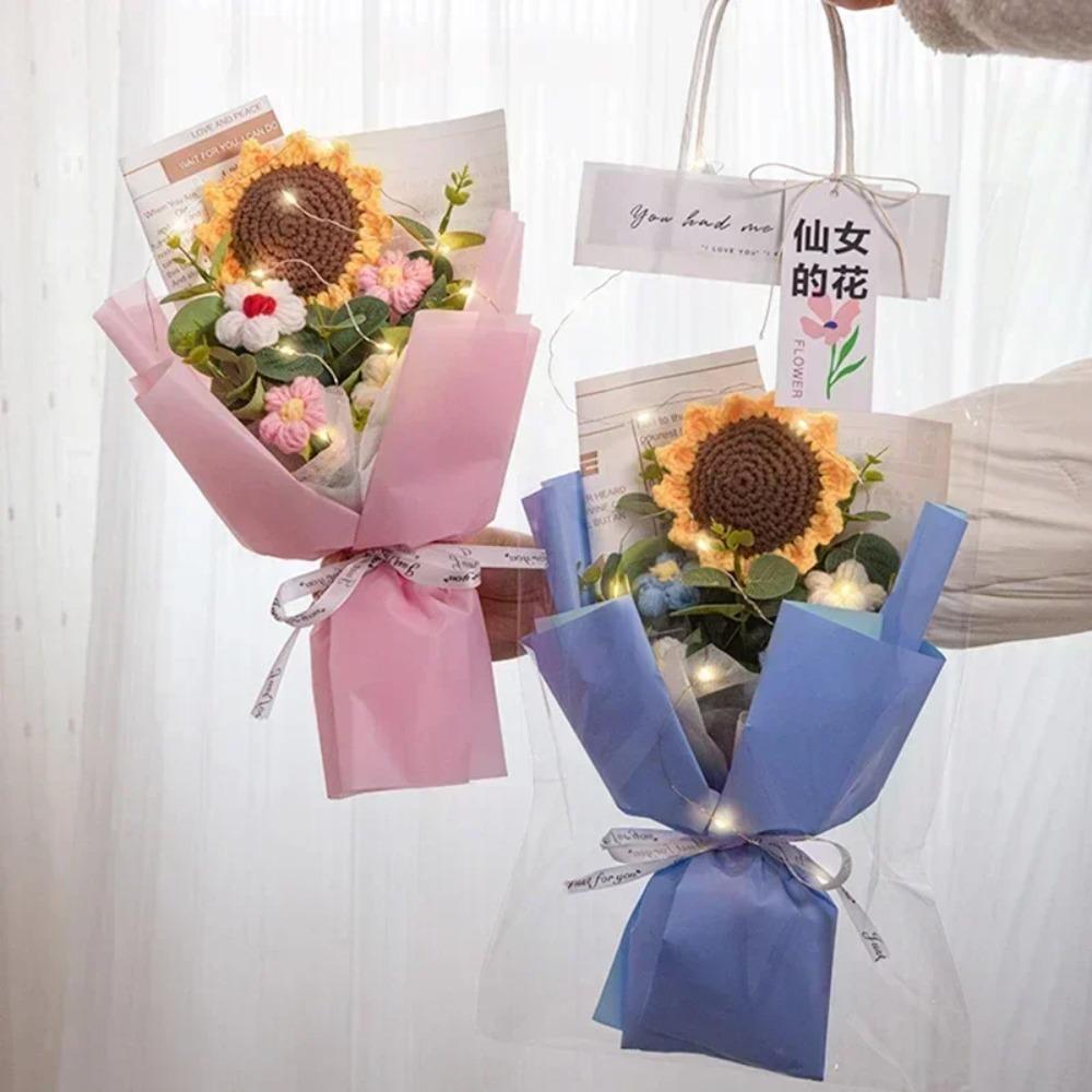 Handmade Hand-woven Sunflower with Bag Knitted Flowers Bouquet Simulation Flower Teachers' Day