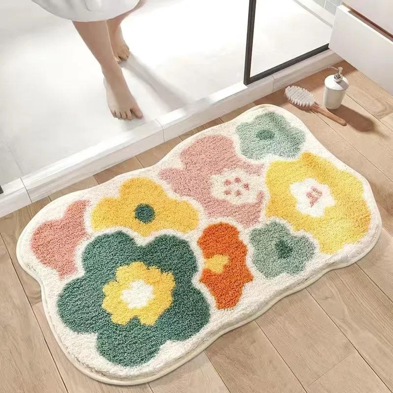 VIKAMA | Fresh Floral Imitation Cashmere Rug - Non-Slip, Absorbent Bathroom Mat/Living Room Doormat/Multi-Purpose Foot Mat