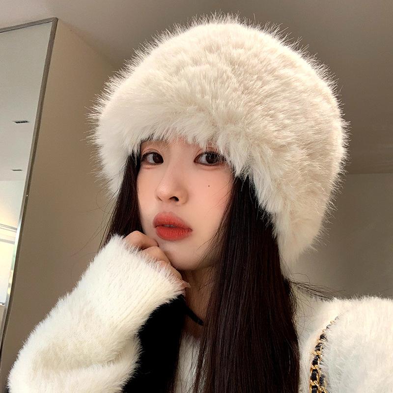 High Sense Imitation Fur Mink Fluffy Bucket Hat Female Lady Wind Big Head Circumference Plush Hat Winter Warm Pullover Hat