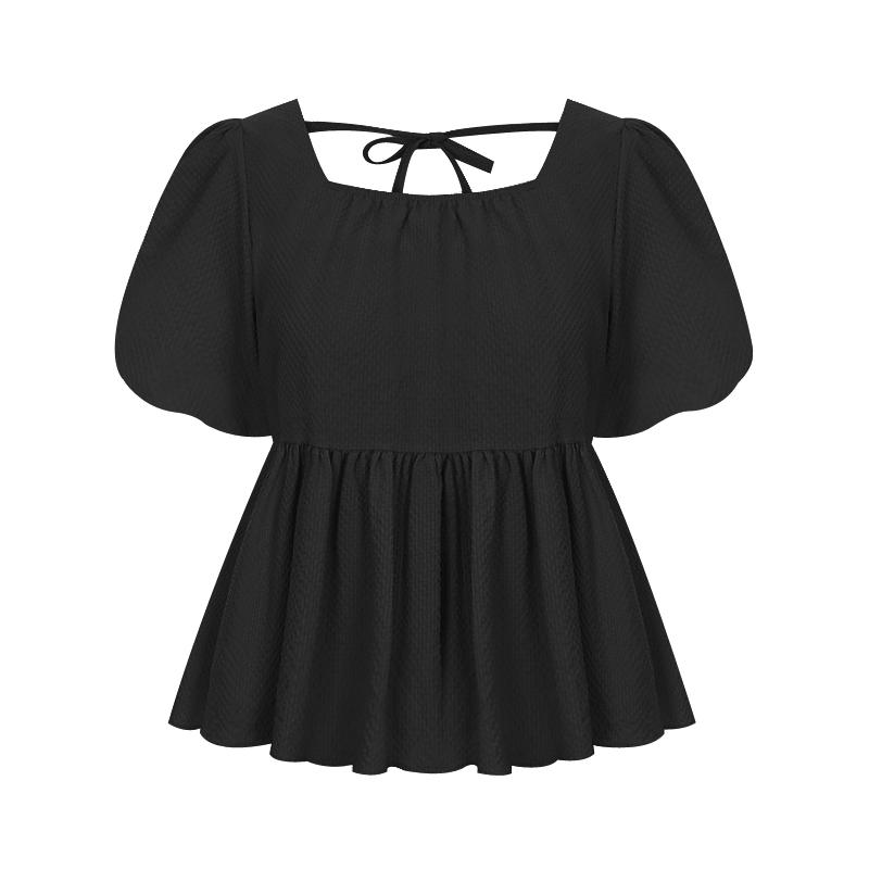 SELLY'S Seersucker Puff Short Sleeve Blouse_I5B-Cbl073