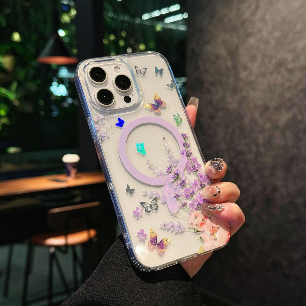 Для IPhone 17 ProMax Магнитный чехол для телефона N52 с лазерным изменением цвета для Apple 16 Прозрачная защитная крышка «Цветущая сакура»
