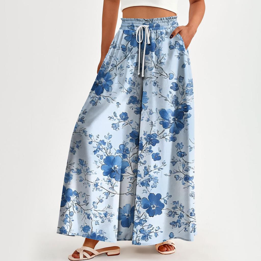 Женские брюки с высокой талией, широкие, повседневные, струящиеся брюки-палаццо, брюки с цветочным принтом и карманом