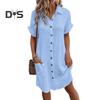 Summer Women Dress Turn-down Collar Single-breasted Loose Short Sleeves Loose Solid Color Patch Pocket Knee Length Commute Leisure Midi Dress
