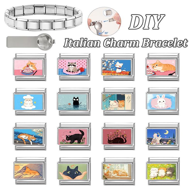 Подарок для женщин Милый кот смотрит на торт DIY Итальянские шармы Звенья Бусины Подходит для 9-миллиметрового модульного браслета из нержавеющей стали Ювелирное изделие Подарок