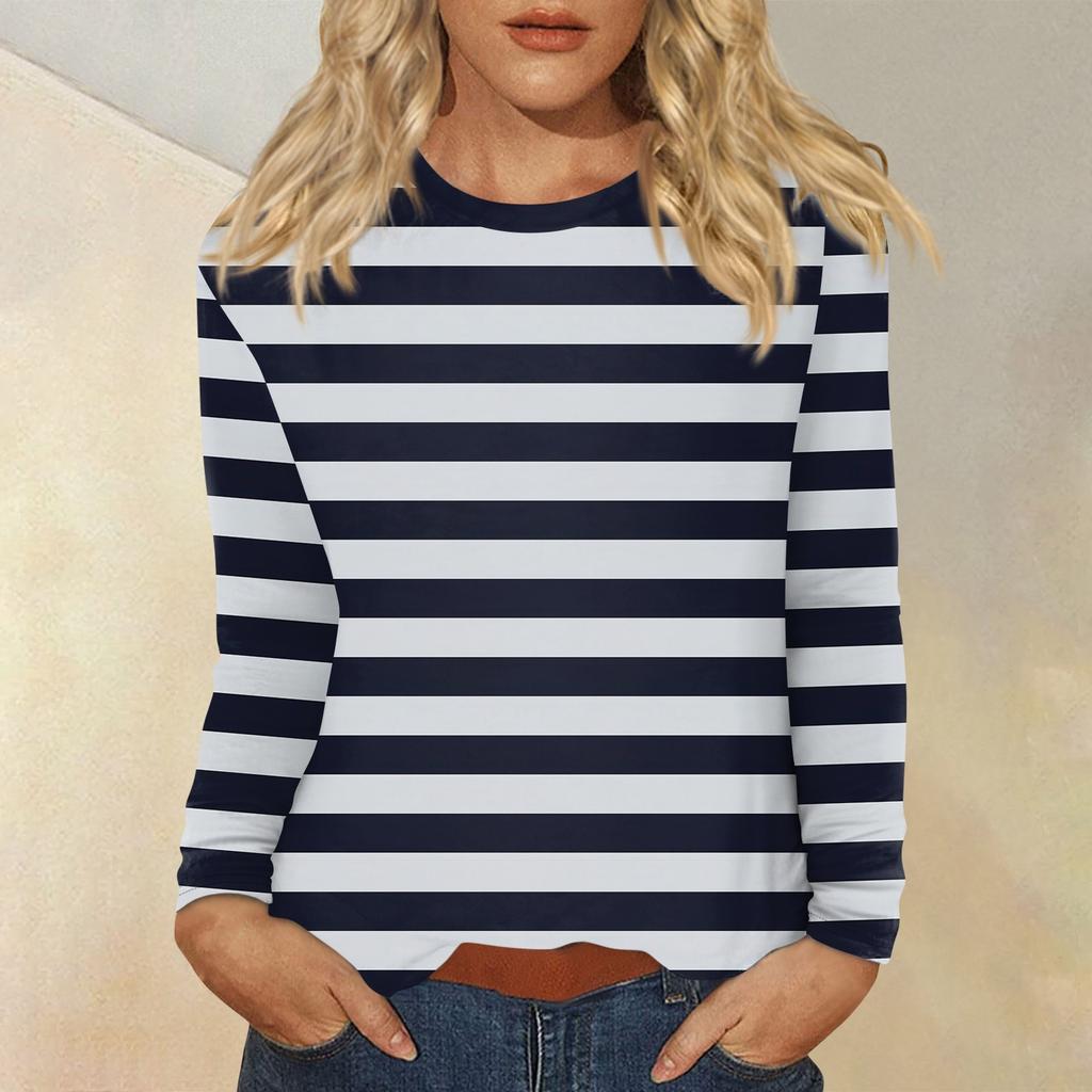Женский повседневный топ с круглым вырезом и длинными рукавами в полоску с принтом