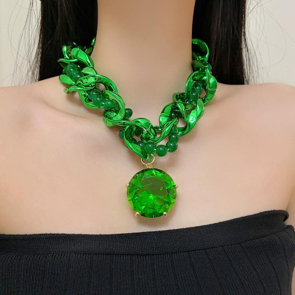Colorful Acrylic Beaded Thick Chain Necklace For Women Retro Large Gemstone Pendant Collarbone Chain Neck Chain Fashion Jewelry