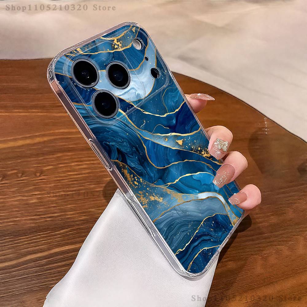 Черно-золотой мраморный арт чехол для телефона iPhone17 16 15 14 13 12 11 Pro Max Plus Mini Прозрачный Полностью задняя крышка Силиконовый мягкий корпус