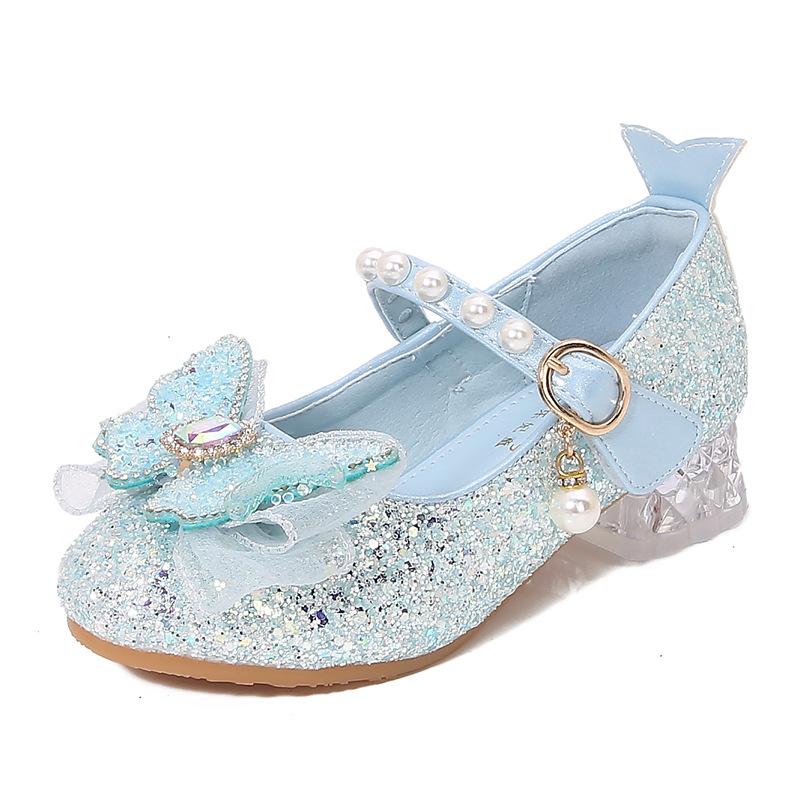 Girls' Single Shoes Elsa Princess Shoes New Spring and Autumn Style Baby Girls' Crystal Shoes Small Leather Shoes Children's High Heels