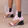 Women Sandals Thick High Heels Round Toe Ankle Wrap Zipper Rivets Fashion Party Summer Shoes Black White Brown Pink