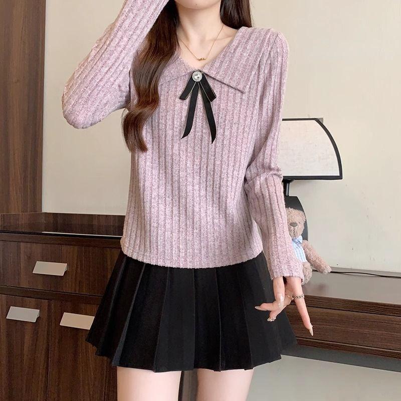 Tie Sweet Doll Collar Bow Tie Свитер, весна, осень и зима, облегающий прикрывающий свитер с длинными рукавами, трикотажные внутренние женские топы