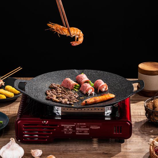 Yousheng Korean BBQ Grill Pan Non-stick Round Baking Pan for Indoor Cooking Barbecue Tray with Handles Cast Iron Frying Pan for Home Camping