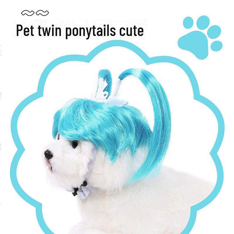 Очаровательный двойной конский хвостик, синий парик для домашних животных - милый головной убор для переодевания кошек и собак