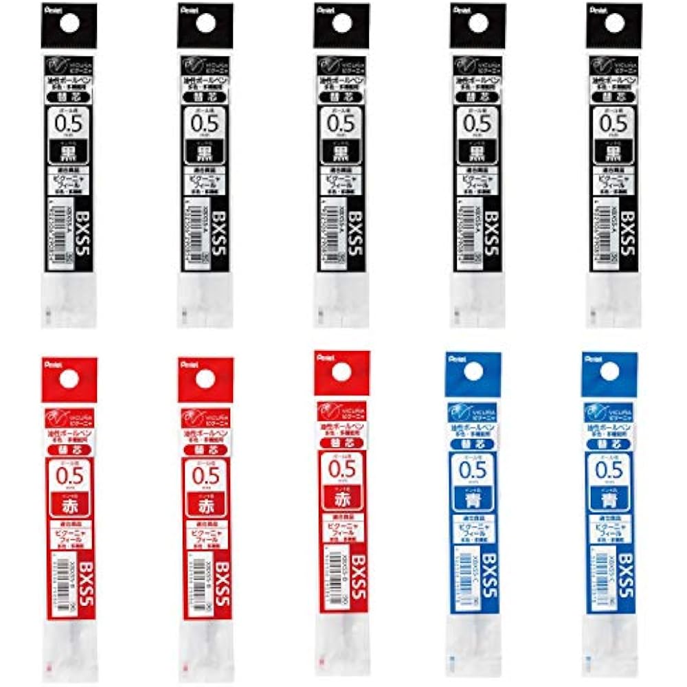 Набор сменных стержней для многофункциональной шариковой ручки Pentel XBXS5, 0,5 мм, 5 черных, 3 красных, 2 синих