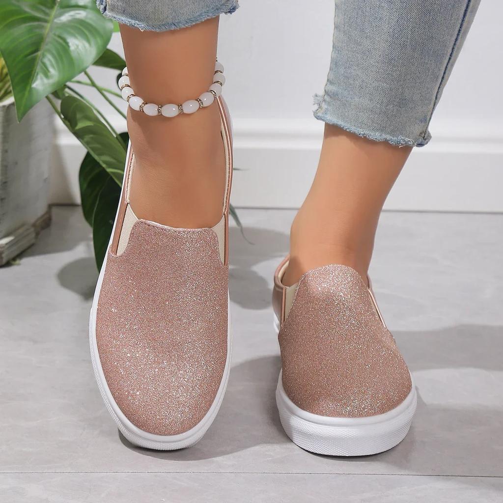 Shiny Gold Sequins Loafers for Women's Pu Leather Slip-On Platform Sneakers Woman 2025 Autumn Non-Slip Flats Casual Shoes Ladies