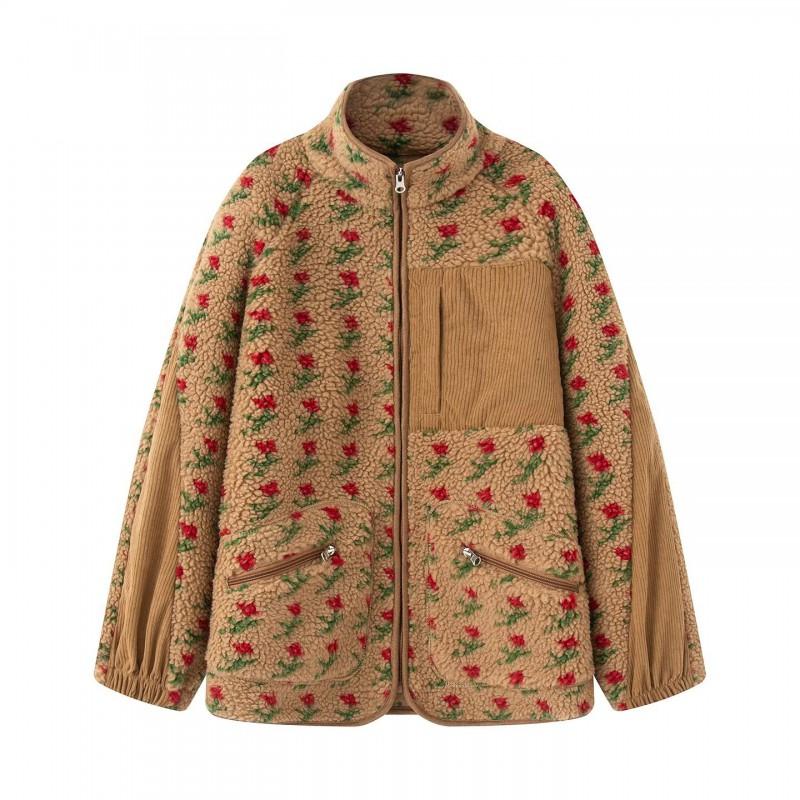Womens Fleece Jacket With Windproof Pocket Detail Print Loose Fit Streetwear 2025