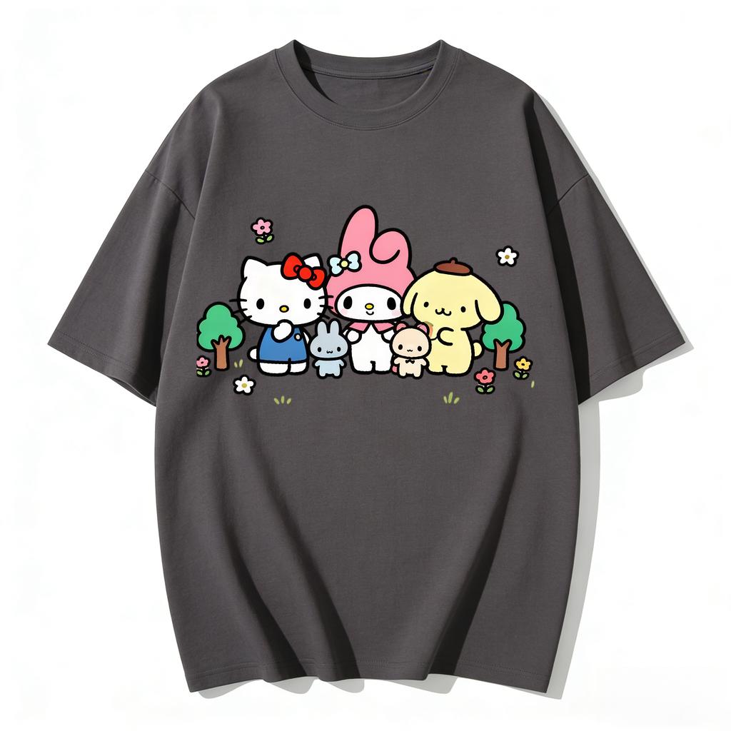 Летняя Милая Футболка с Групповым Принтом Персонажей Sanrio Повседневная Футболка с Коротким Рукавом для Мамы и Дочери Милый Семейный Комплект Одежды Топ
