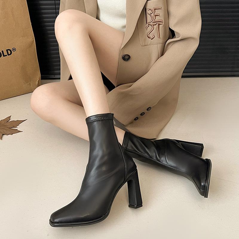 Внешнеторговые универсальные ботинки женские 2024 новые корейская версия белый темперамент толстый каблук короткие ботинки осень и зима французский высокий каблук тонкие ботинки
