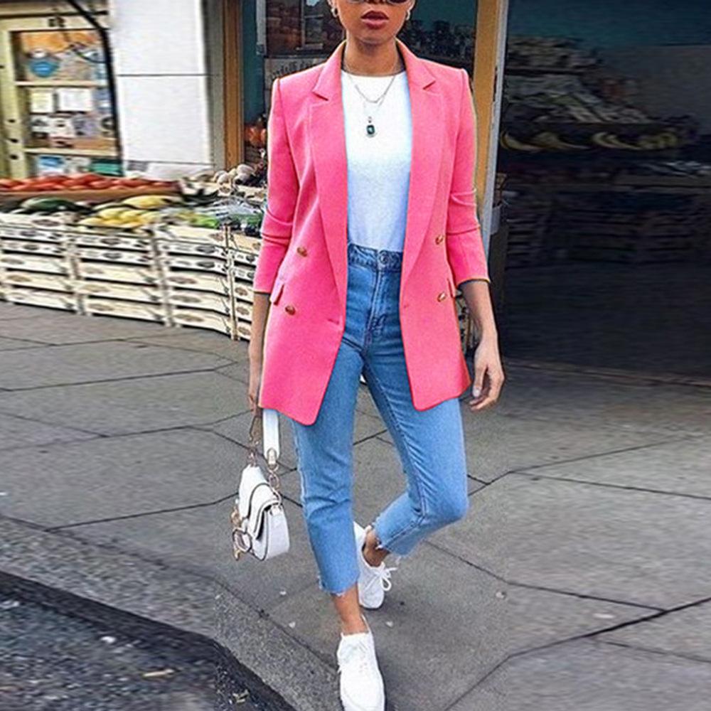 Women S Solid Color Lapel Blazer Coat Straight Fit Short Length Casual Outerwear