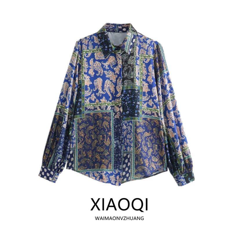 24 Spring New Simple Style Women's Clothing Casual Loose Patchwork Print Silk Satin Texture Shirt 2298073 330