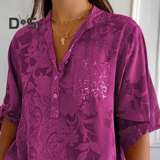 Женская летняя рубашка с v-образным вырезом и лацканами, пуловер с половиной рукавов, топы с принтом, пуговицы, половина планки, пайетки, накладной карман, свободная рубашка