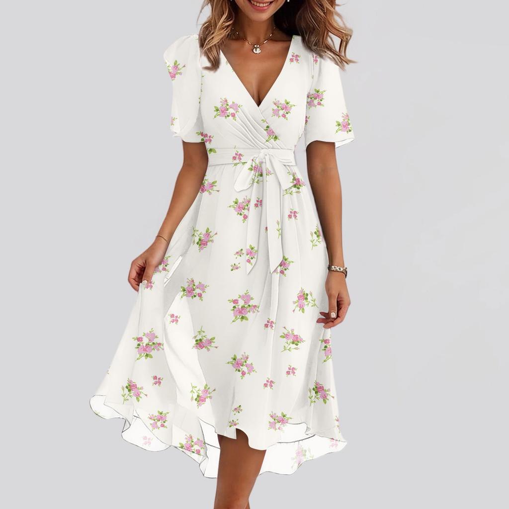 Women's Fashion Casual V Neck Short Sleeve Ruffled Vintage Printed Dresses