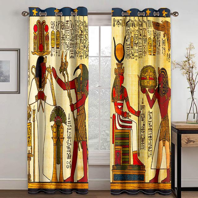 Египетские оконные шторы иероглифы на фресках в древнем египетском храме, затемненные занавески, винтажные шторы, домашний декор для спальни, 2 панели