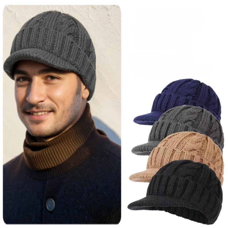 Men's Knitted Hat with Warmth and Thick Velvet, Short Eave Duckbill Cap, Ear Protection, and Woolen Hat