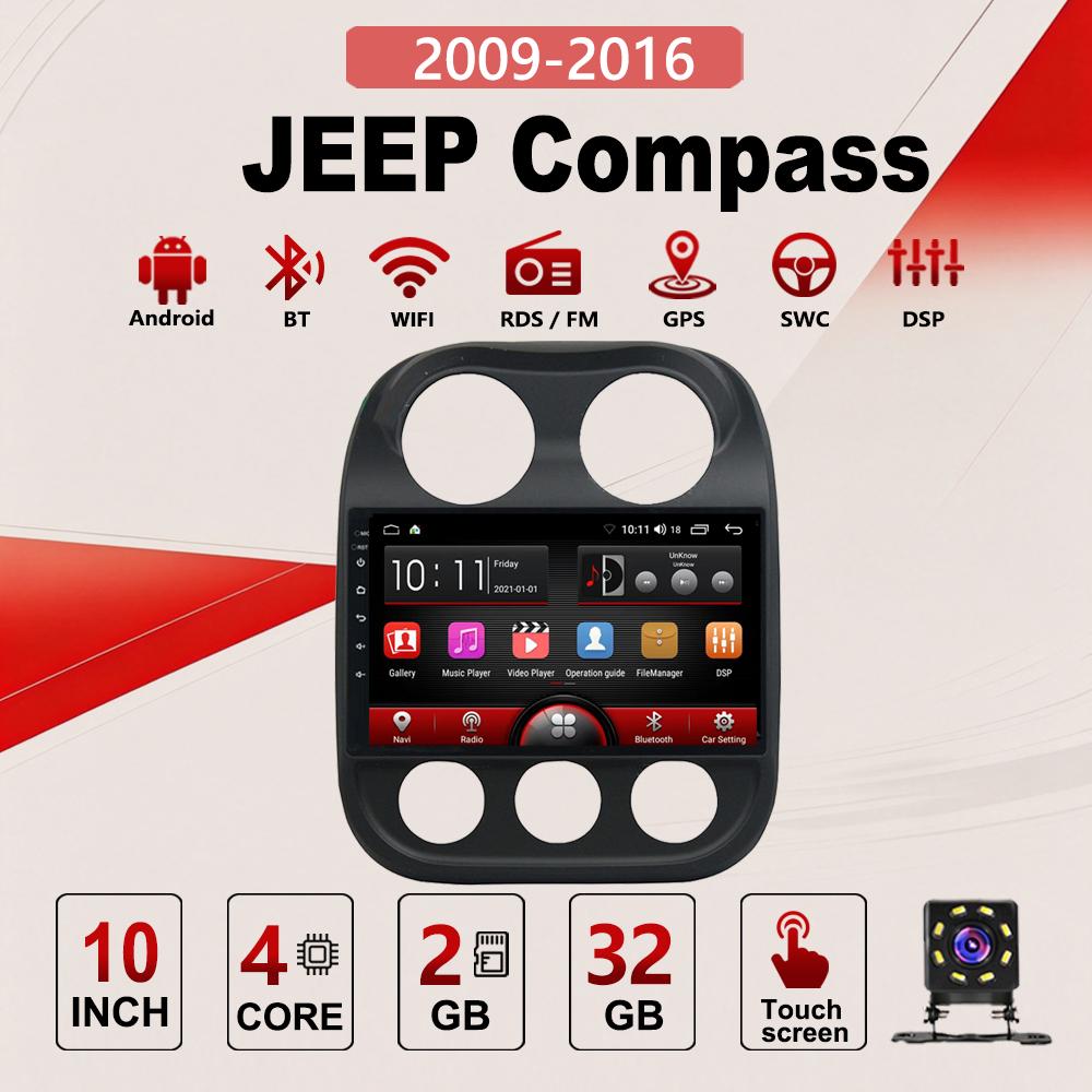 2Din Android Car-Play Car Radio,JEEP Compass 2009-2016,Multimedia Player Head Unit Stereo GPS Navigation BT WIFI,2+32GB