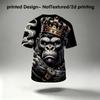 Men's Royal King Gorilla with Crown Crew Neck T‑Shirt, Noble Urban Street Style Ape Graphic Casual Short Sleeve Tee
