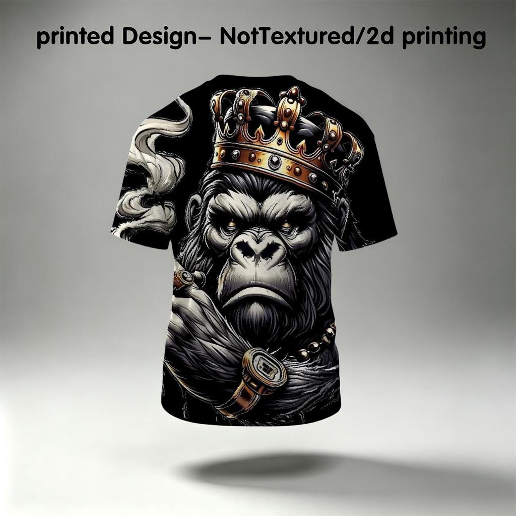 Men's Royal King Gorilla with Crown Crew Neck T‑Shirt, Noble Urban Street Style Ape Graphic Casual Short Sleeve Tee