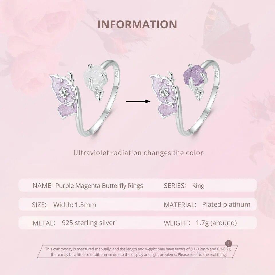 Bamoer, стерлинговое серебро 925 пробы, фиолетовое, пурпурное, эмаль, кольцо с бабочкой, цвет, сменное кольцо с цветком для женщин, ювелирные изделия для вечеринок