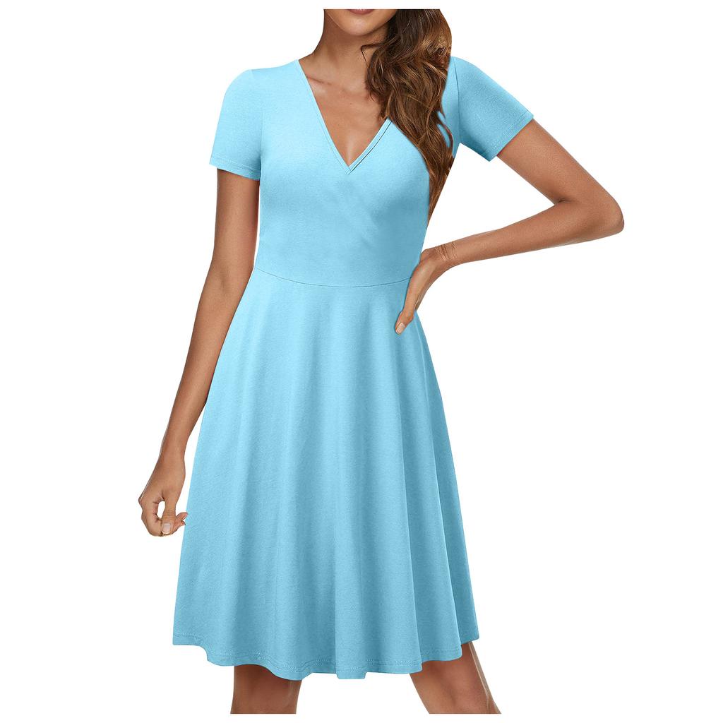 Женское повседневное модное однотонное платье трапециевидной формы с перекрестным v-образным вырезом и короткими рукавами и талией, большое свободное платье