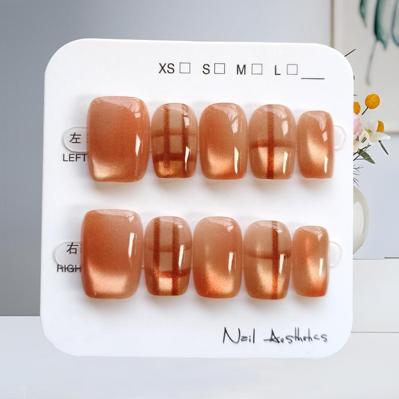 10 Pcs French Cat Eye Plaid Press On Nails Warm Gradient Handmade Fake Nails Detachable Elegant Nail Art Tips
