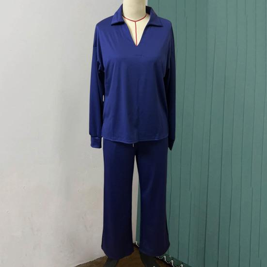 2 Pcs/Set Women Top Pants Suit V Neck Long Sleeves Solid Color Sport Sweatshirt Drawstring Elastic Waist Wide Leg Trousers Fitness Outfit Fall Spring