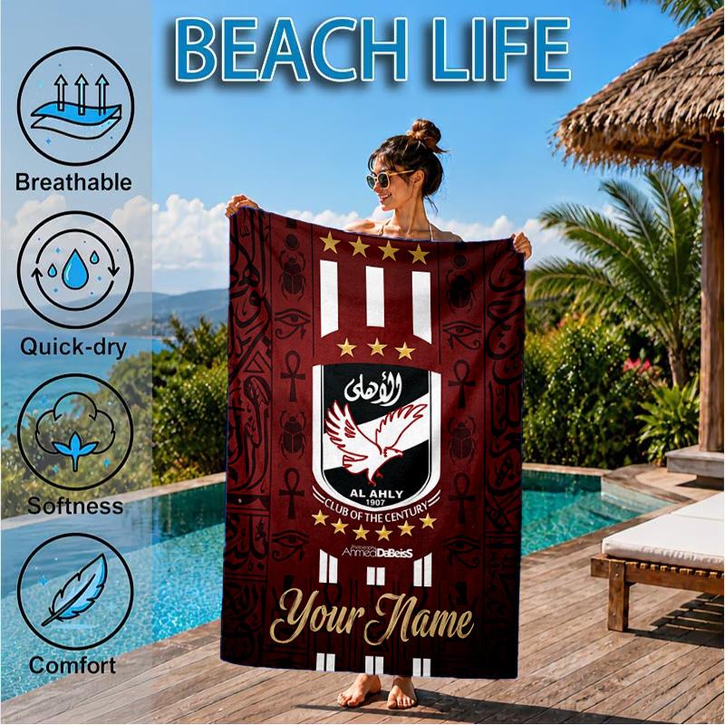 Custom Name Beach Towel Al-ahly football Design Soft and Quick-drying Beach Towel, Suitable for Travel, Swimming Pool, Gym, Yoga, Gifts