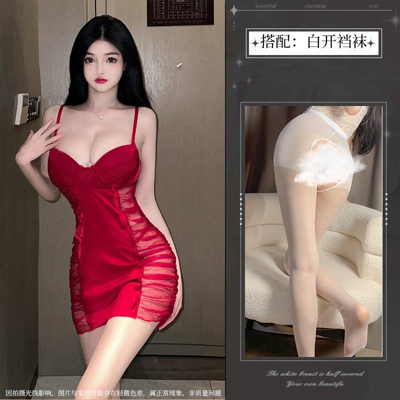 Sexy mesh yarn with chest pad summer suspender free nightgown women's lace backless perspective pure desire passion temptation