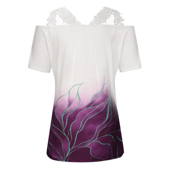 Женская футболка с V-образным вырезом, кружевом, открытыми плечами, коротким рукавом, повседневные свободные топы с цветочным принтом, официальная летняя футболка