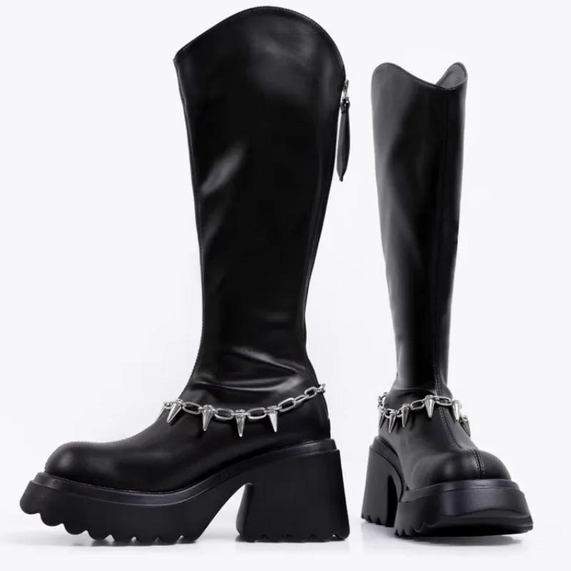 Модная женская дизайнерская обувь 2024 года, осень, новые модные высокие сапоги в стиле панк с заклепками, повседневная модная обувь на толстой подошве