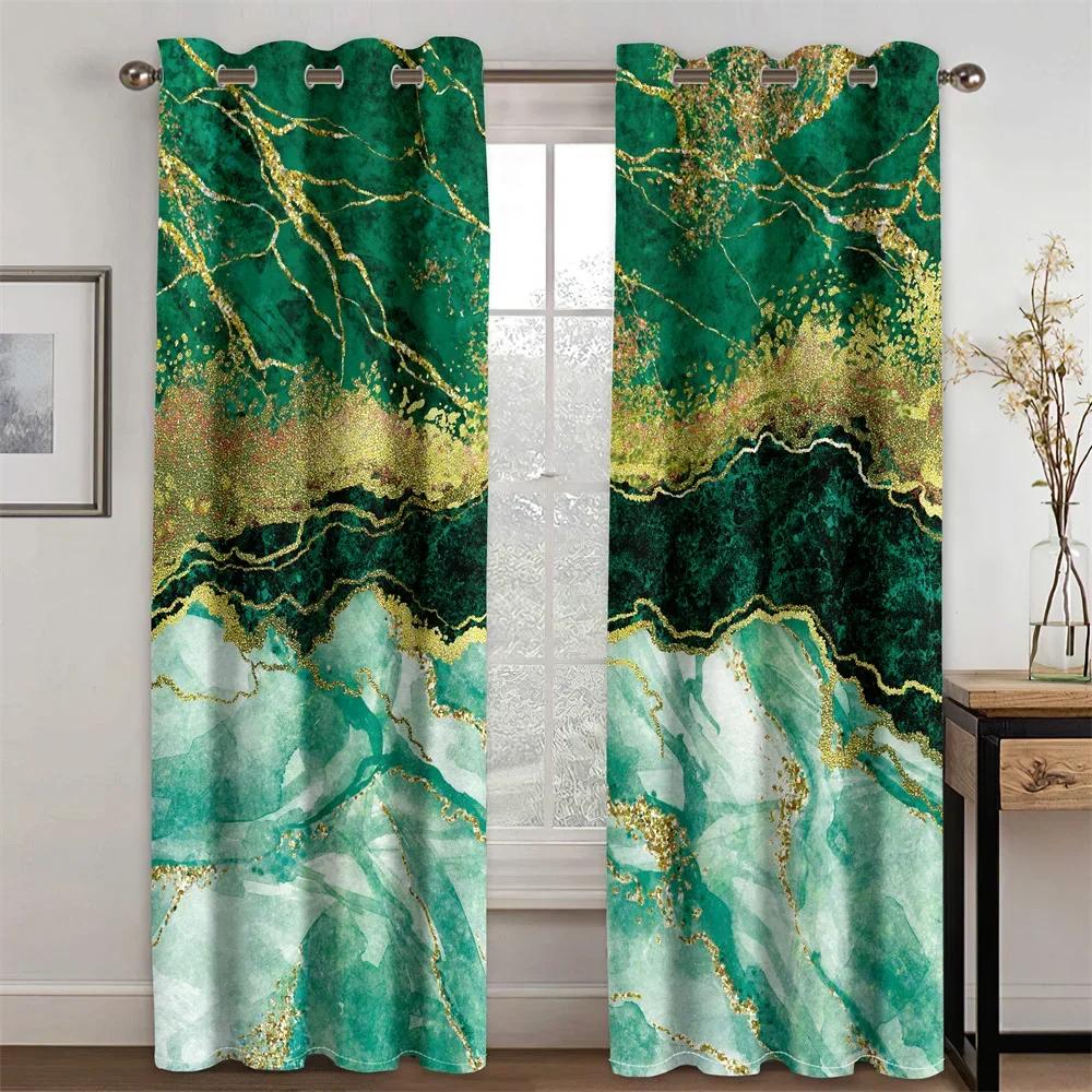 3D Modern Black Gold Abstract Art Marble Elegant Design 2 Pieces Thin Shading Window Drape Curtain for Living Room Bedroom Decor