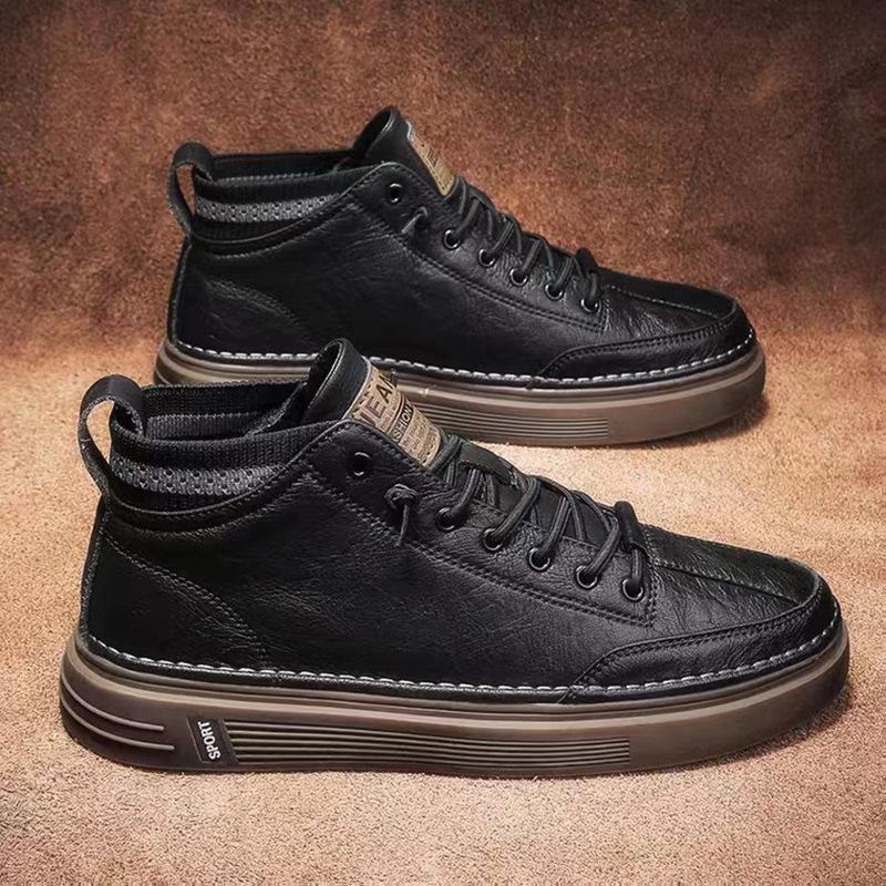 Мужские осенние и зимние туфли для сноуборда, высокие кожаные туфли черного цвета, универсальные повседневные мужские туфли, популярные теплые и утепленные ботинки на шнуровке