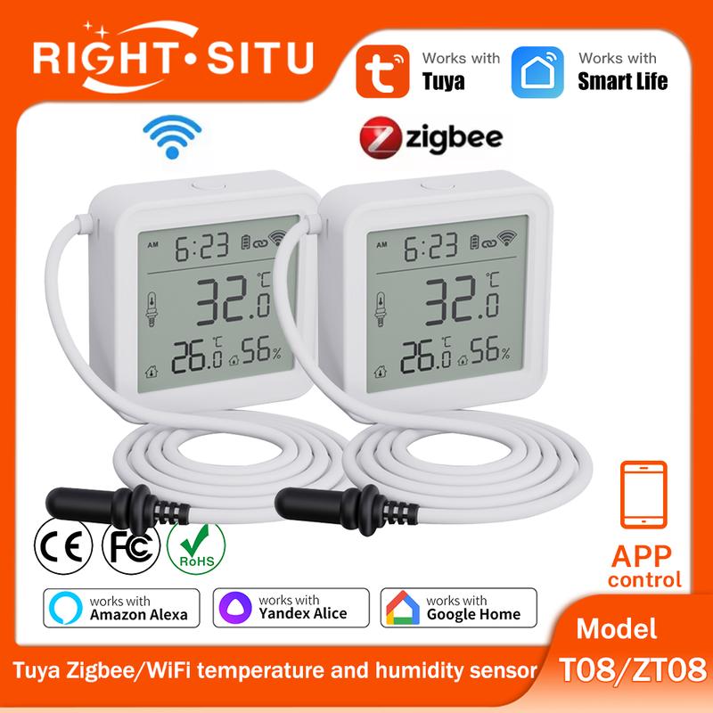 Tuya Zigbee WiFi Temperature Humidity Sensor 1M External Sensor Cable Probe APP Remote Control Work With SmartLife Yandex Alexa