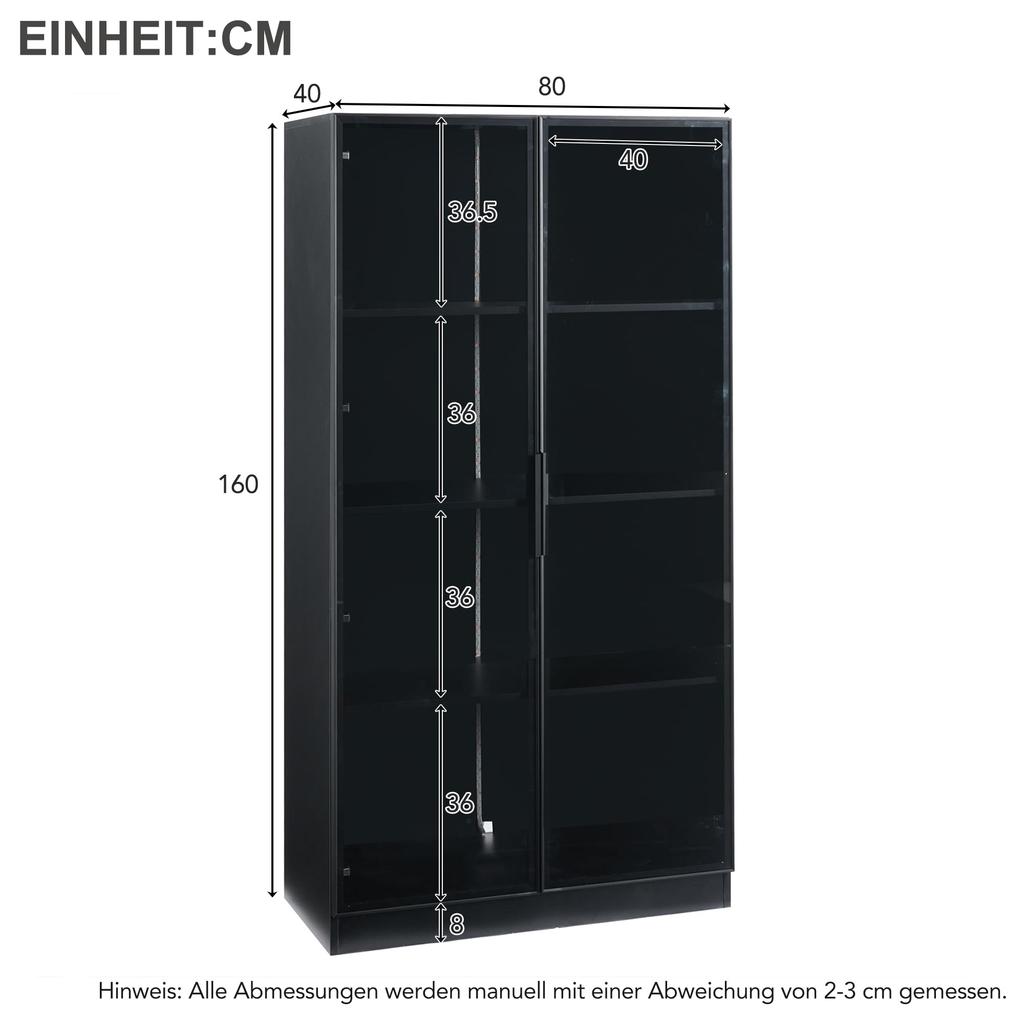 Glasvitrine LED-Lichtern 2er-Set, doppeltürige Schwarz viel Stauraum, Modern Einlegeböden, Bücherschrank Standvitrine Wohnzimmer Büro