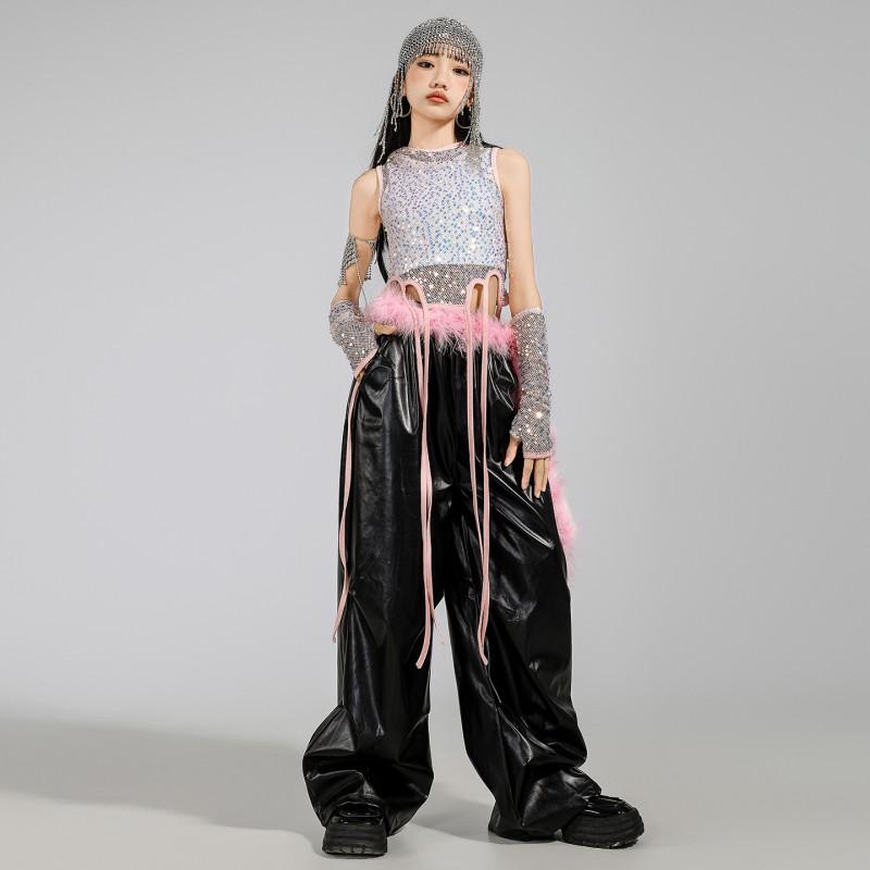 Girls Jazz Dance Outfit Set With Sequin Hooded Crop Top Black Pants Streetwear Performance Costume Kids Teens