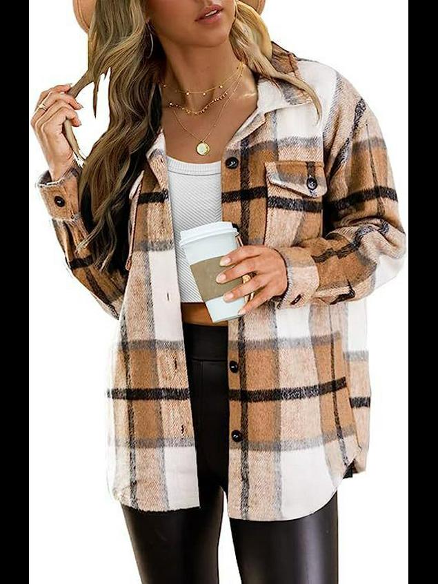 2024 Женская повседневная рубашка в клетку с длинным рукавом и большими карманами