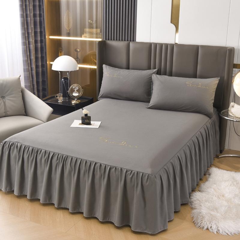Solid Color New Light Luxury Simple Embroidered Single Bed Skirt Bed Sheet Non-slip Bedspread Four Seasons Princess Style Single Piece