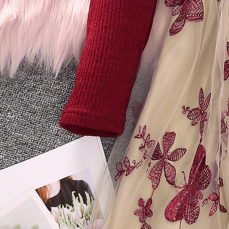 Платье с длинными рукавами и цветочным принтом для девочек, весна-осень 2023, новое красное сетчатое платье принцессы трапециевидной формы с вышивкой для подростков, одежда